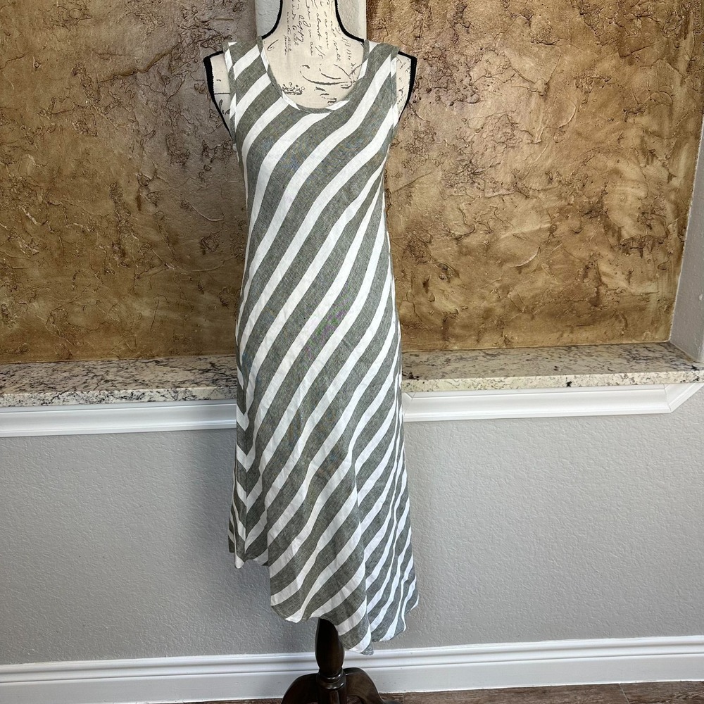 Flax 100% Linen Midi Dress Womens P Asymmetrical Hem Stripe Bias Cut Sage White